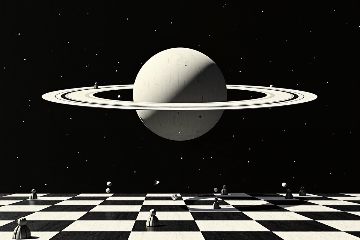 PromptSin's tweet image. A cosmic chess game unfolds under Saturn&apos;s gaze, blending strategy with the surreal. ♟️🌌 #Surrealism #Art #CosmicChess