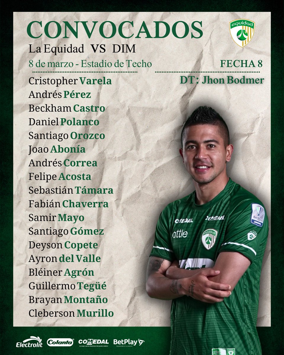Fecha 8 🏆 | ⚽️ Convocados 

🚐¡Los citados para nuestro compromiso el día de mañana en nuestra casa🏟️! 

#EquidadMiPasión💚