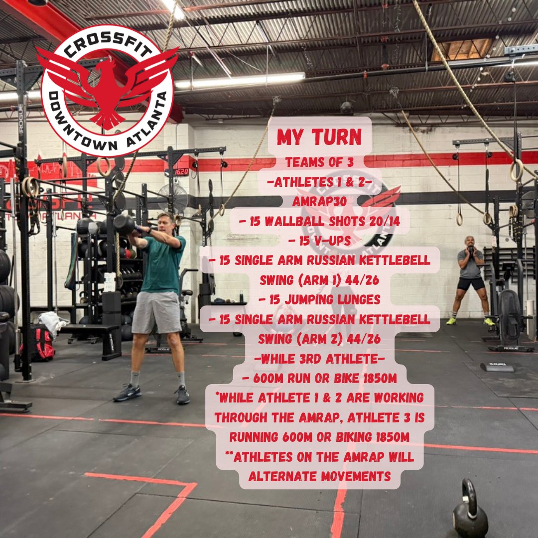 cfdowntownatl's tweet photo. 250308 "My Turn" #partnerwod #amrap #walballshot #vup #singlearmrusiankettlebellswing #jumpinglunge #cfda #liftheavy #runfast #havefun #bewell #cabbagetown #crossfitwod #committedtocrossfit #crossfit #WOD #CFWOD #workout https://t.co/uWsqsATC8y