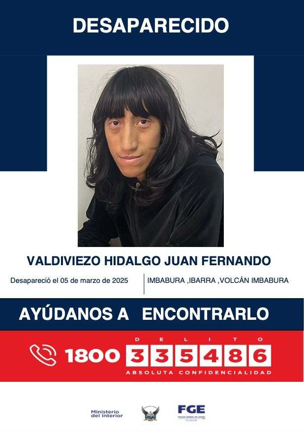 Desaparecido nuestro estudiante Juan Fernando Valdiviezo Hidalgo de la carrera de Literatura. 
Por favor su ayuda en la difusión
<a href="/PoliciaEcuador/">Policía Ecuador</a> <a href="/Riesgos_Ec/">Riesgos Ecuador</a> <a href="/PciGADibarra/">PCIGADibarra</a> <a href="/AlcaldiaIbarra/">Alcaldía de Ibarra</a> <a href="/Bomberos_Ibarra/">Bomberos Ibarra</a>