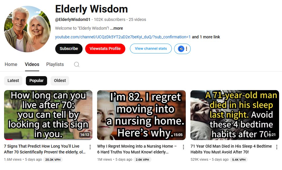 Faceless YouTube Channel Made over $35k in the past 9 days:

Elderly Niche 🧐

25 videos (so far)
5,000,000 views a month (so far)
~ $6.5-7 rpm (earnings per 1k views)
Channel was started 9 days ago, and the videos are easy to make. 🤯