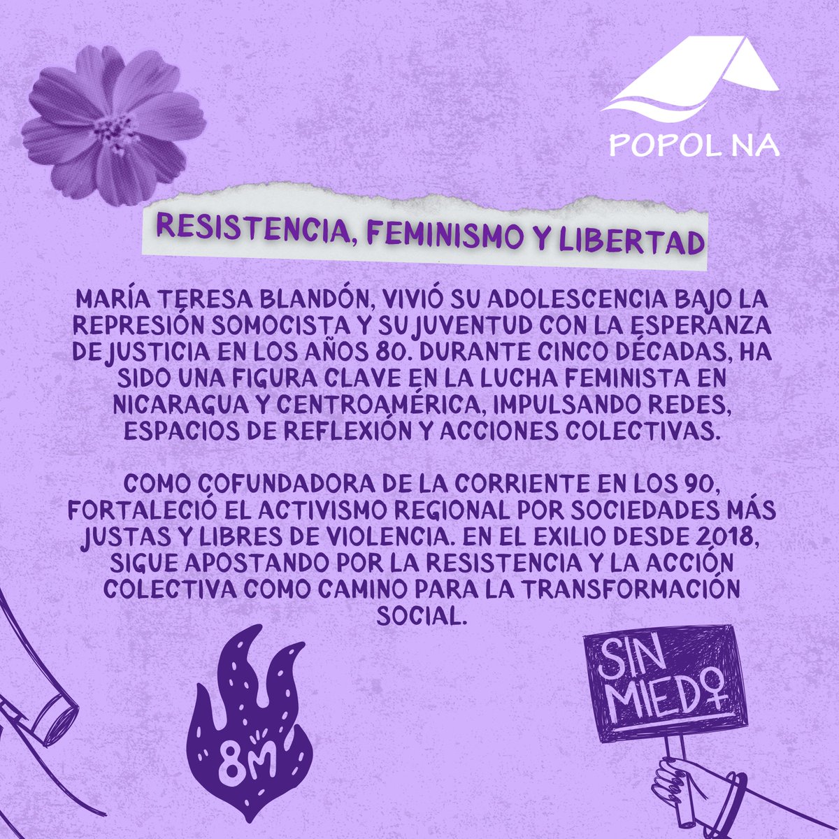 𝗖𝗶𝗻𝗰𝗼 𝗱𝗲́𝗰𝗮𝗱𝗮𝘀 𝗱𝗲 𝗹𝘂𝗰𝗵𝗮 𝗳𝗲𝗺𝗶𝗻𝗶𝘀𝘁𝗮. 𝗨𝗻𝗮 𝘃𝗶𝗱𝗮 𝗱𝗲 𝗿𝗲𝘀𝗶𝘀𝘁𝗲𝗻𝗰𝗶𝗮.💜
Desde la dictadura somocista hasta el exilio forzado, su historia es la de miles de mujeres que han enfrentado la represión, construido redes y defendido la libertad #8M