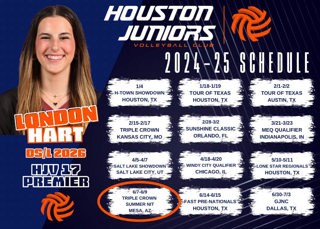 Club Schedule Update! Excited that our <a href="/houstonjuniors/">Houston Juniors</a> 17 Premier team got an exclusive invite to the <a href="/TCVolleyball/">TC Volleyball</a> Summer NIT Tourney in June!