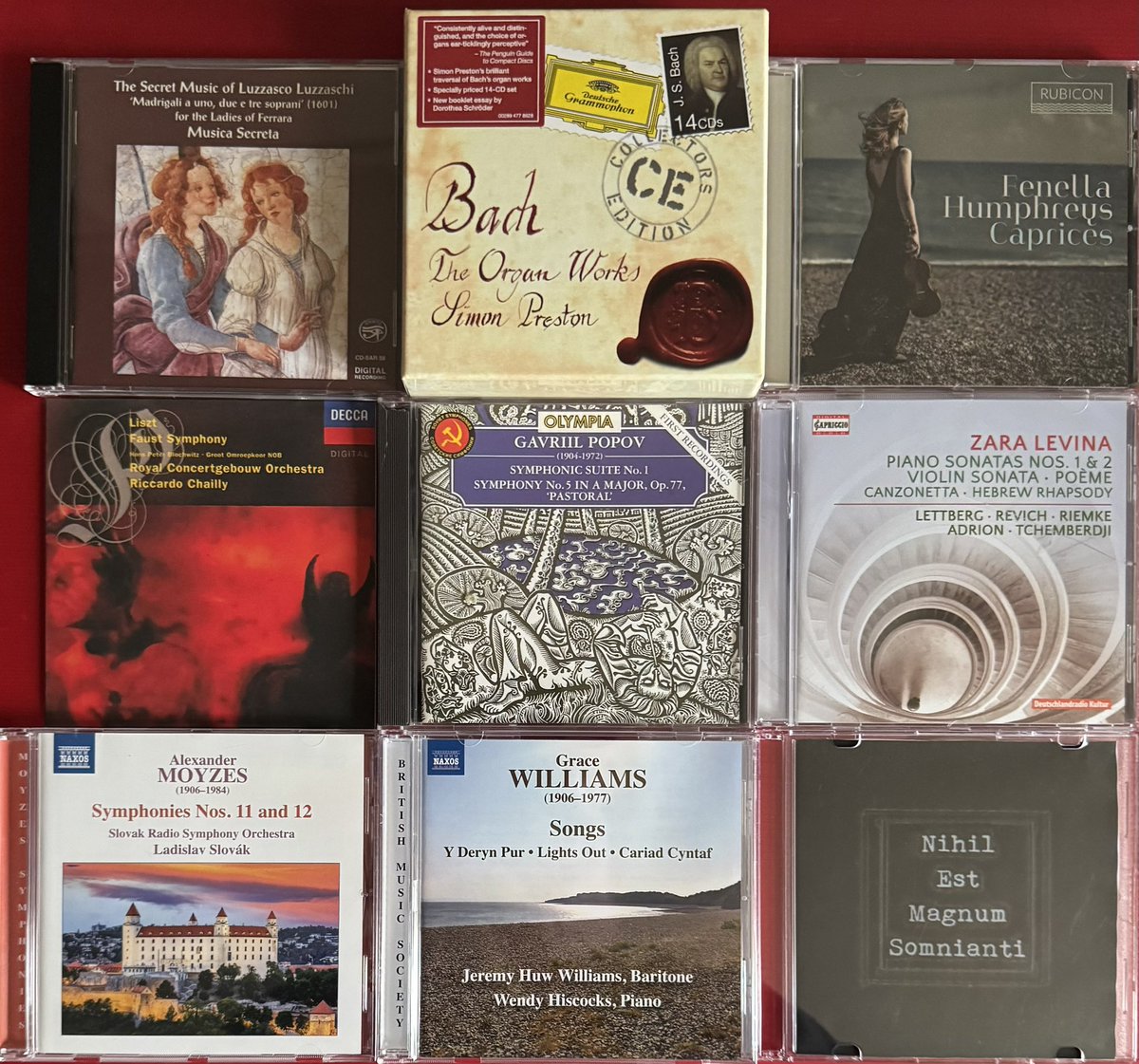 BramaAlessandro's tweet image. Albums listened to this week. OK, so far I’ve only listened to the first two CDs of the #Bach box set 😅. I’m just now discovering that the year 1906 dominates these albums: it’s the birth year of Zara #Levina, #Moyzes, and Grace #Williams! The other composers: #Luzzaschi, (1/2)