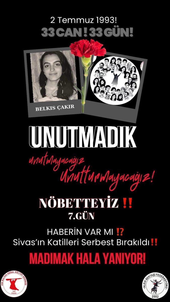 Bugün Sivas’ta katledilen Belkıs Çakır için nöbetteyiz.
#sivasıunutmaunutturma
#sivas93