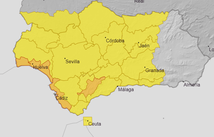 Hoy te damos los #BuenosDías recordándote el mapa de avisos meteorológicos para la jornada, marcado por los avisos amarillos y naranjas por #lluvias en casi toda Andalucía.

Protégete y sigue nuestros #Consejos112