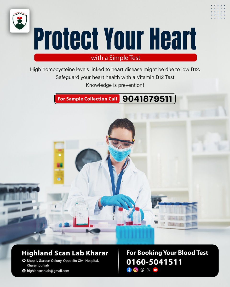 HighlandScanLab's tweet photo. Did you know that a #VitaminB12Test can be a key step in protecting your #HeartHealth? At #HighlandScanLab, we offer #QuickAndEasy testing to ensure you’re on the right track. Don’t wait #GetTested today and take charge of your heart health!
.
#DrJatinderSingh #BestLab #BloodTest https://t.co/yrCUmyB6qs