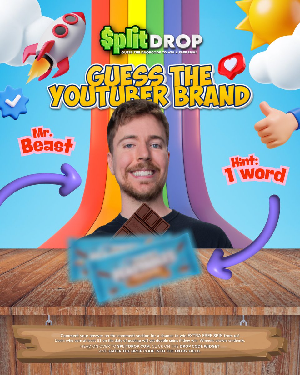 Guess the Drop Code to win a FREE SPIN!!

This week, let's check out some of the BRANDS that YOUTUBERS launched! Today, it's <a href="/MrBeast/">MrBeast</a> !

DROP CODE EXPIRES at Midnight New York time. So hurry and get your code!