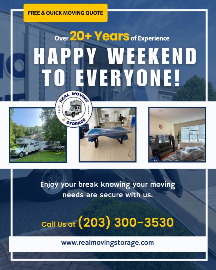 RealMovingofCT's tweet image. Happy Weekend to Everyone!
Enjoy your break knowing your moving needs are secure with us.

🌐 Visit Our Website at realmovingstorage.com

#RealMovingStorage #FairfieldCT #StamfordCT #MilfordCT #HappyWeekend #MovingMadeSimple #WeekendRelaxation #ProfessionalMovers