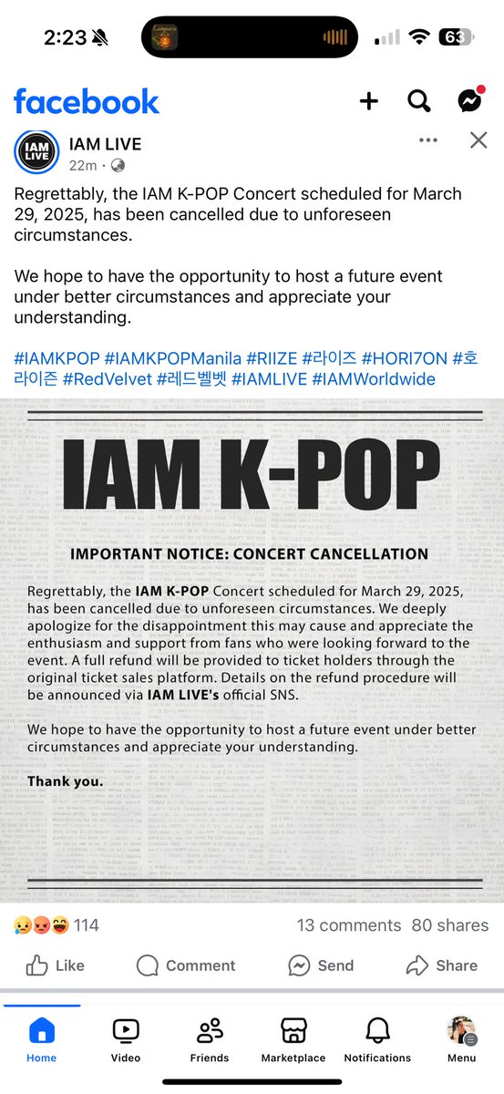 HelloLakwatsera's tweet photo. Just In: Regrettably, the IAM K-POP Concert scheduled for March 29, 2025, has been cancelled due to unforeseen circumstances.
#IAMKPOP #IAMKPOPManila #RIIZE #라이즈 #HORI7ON #호라이즌 #RedVelvet #레드벨벳 #IAMLIVE #IAMWorldwide https://t.co/q6jStGThlm
