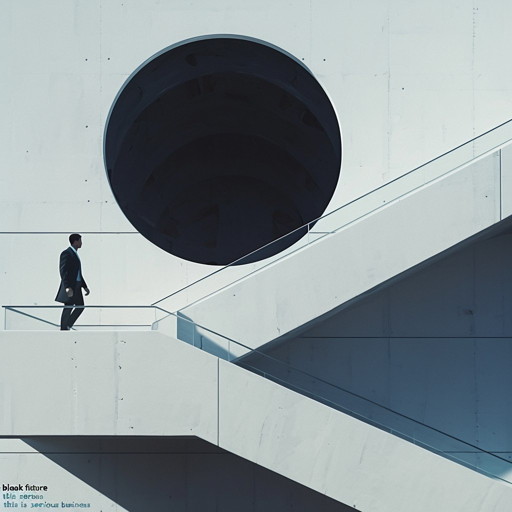 NemesisGustavo's tweet photo. Step into 20XX: a man in a dark suit stands atop a stark white staircase, staring into a perfect circular void. Concrete walls, minimalist precision, and existential dread. This ain't just architecture; it's a vibe, a choice, a symbol. #DystopianChic #BleakFuture https://t.co/HRVuqPzUkC