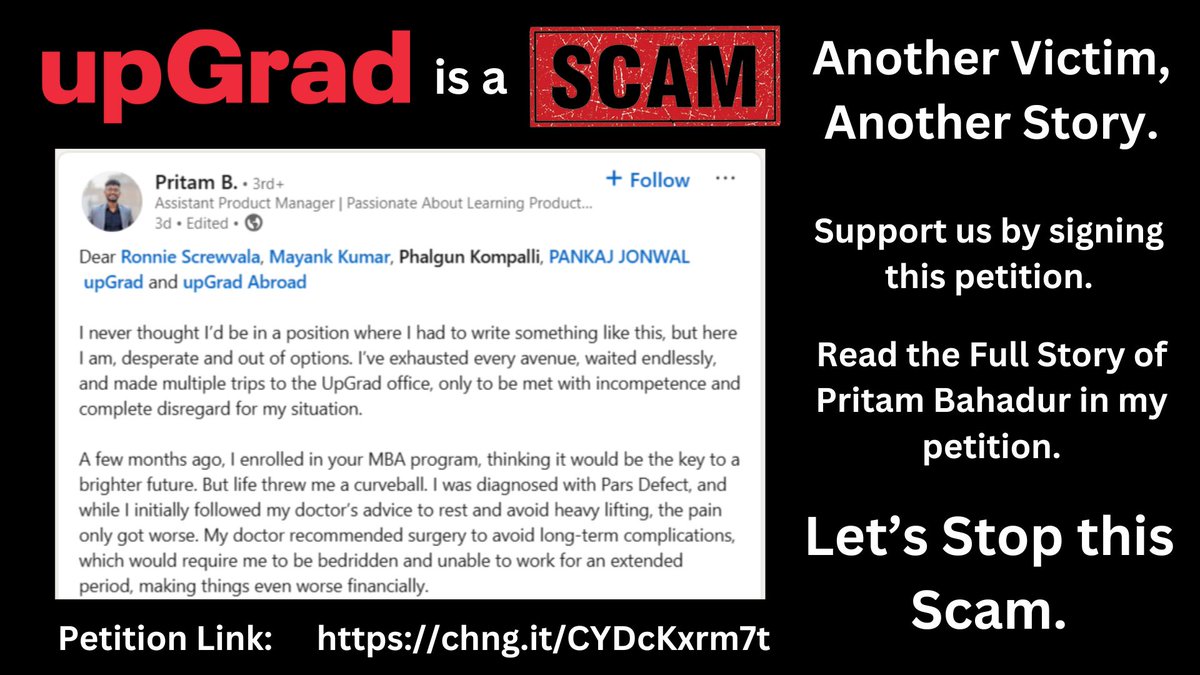 ansarbl008's tweet photo. 🚨 UpGrad is a Scam: Another Student Exposes False Promises – Pritam Bahadur’s Story 🚨 https://t.co/ZMiGpT5UUX via @ChangeOrg_India 

@malpani @pooniaV3 @DevinaSengupta @maheshperi @SrBachchan @upGrad_edu @UpgradS 

#upgrad #upgrad_scam #upgradscam #scam  #ScamAlert https://t.co/lJ84nOpw8i