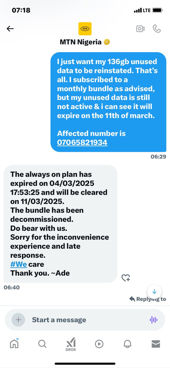 Bm_honey's tweet photo. @MTNNG @MTNNG @MTN180 
I’ve been complaining for the past 3 days about my 136gb that I no longer have access to &amp; this is what your agent is telling me in my DM. How can you guys stop a plan without prior notice to customers? What now happens to my unused data?

Cc @NgComCommission https://t.co/WDZdqKLkR2