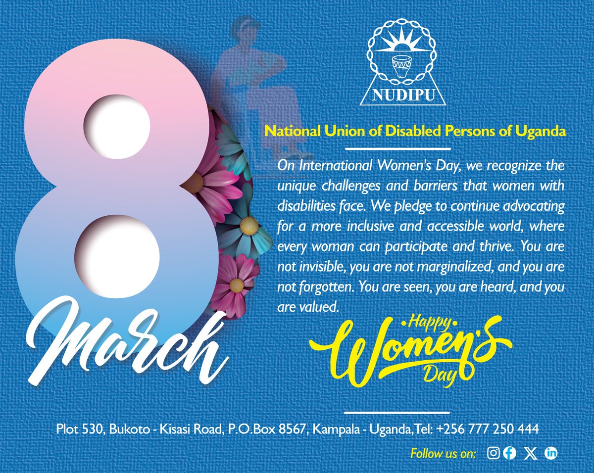 NUDIPU (@nudipu) on Twitter photo Happy International Women's Day. Our special thoughts go to all women with disabilities who strive hard against all obstacles and barriers to improve their Iives and those they support and stay with. <a href="/Mglsd_UG/">Ministry of Gender, Labour and Social Development</a> <a href="/EOC_UG/">Equal Opportunities Commission</a> Happy International Women's Day. Our special thoughts go to all women with disabilities who strive hard against all obstacles and barriers to improve their Iives and those they support and stay with. <a href="/Mglsd_UG/">Ministry of Gender, Labour and Social Development</a> <a href="/EOC_UG/">Equal Opportunities Commission</a>
