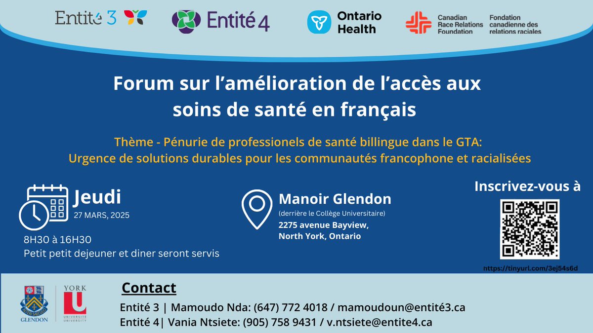 📢Forum sur l’accès aux soins de santé en français📢 
📅 27 mars 2025 
📍 Manoir Glendon, North York 
Venez échanger sur des solutions durables face à la pénurie de professionnels de santé bilingues !
Inscription 👉 forms.office.com/r/7yg9tQNDNL?o…
Partagez &amp; mobilisez ! #SantéEnFrançais
