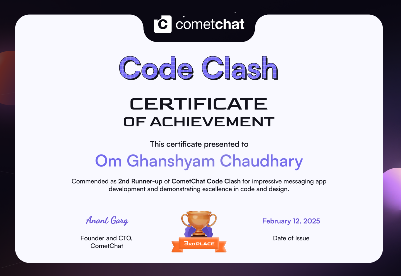 OmChaudhary394's tweet photo. ๐ Won the CometChat Hackathon! ๐ฎ Built a gaming community platform with real-time chat using @CometChat , React, Django & MongoDB
Looking for internship opportunities to apply my full-stack & AI skills! ๐ Letโs connect! ๐ฉ
#HackathonWinner #CometChat #FullStack #Internship https://t.co/vtrAC6X14f