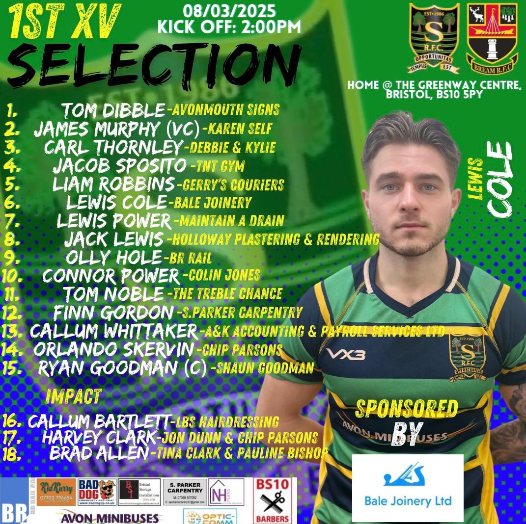 Todays 1st XV selected to face <a href="/BreamRFC/">Bream RFC</a> at the Greenway Centre, 2pm kick off.

Good luck all 

COTM