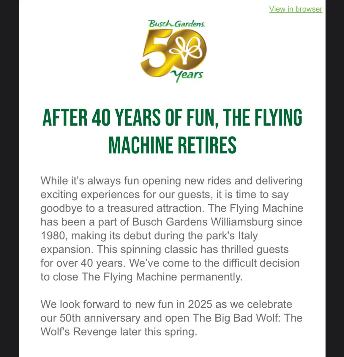 BuckeyeCoaster's tweet photo. News out of Busch Gardens Williamsburg: Flying Machine is going to be retired after 40 years of Fun! #buschgardensva #flyingmachine #buckeyecoasters
Source: @BuschGardensVA https://t.co/3BLtIjz4A7