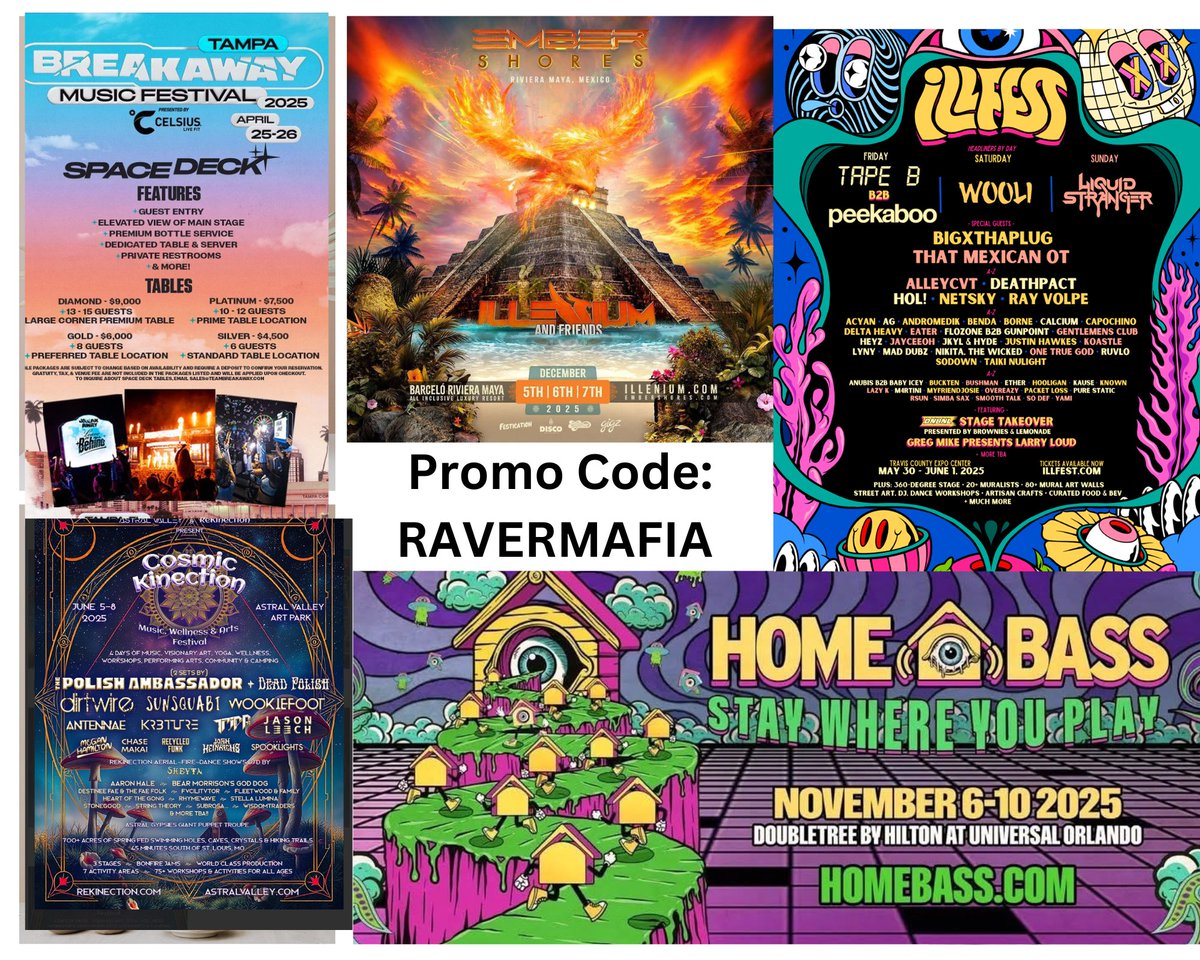 Lock in your DISCOUNTEED TICKETS to these festivals with our Promo Code!
▶️▶️ *  Promo Code: RAVERMAFIA 
🌟 NORTH COAST MUSIC FESTIVAL 
🌟 #Cosmickinection
🌟#BREAKAWAYTAMPA
🌟 #BREAKAWAYARIZONA
🌟 #HOMEBASS
🌟 #UBBIDUBBI 
🌟#iLLFEST
🌟 #EMBERSHORES
#NCMF2025