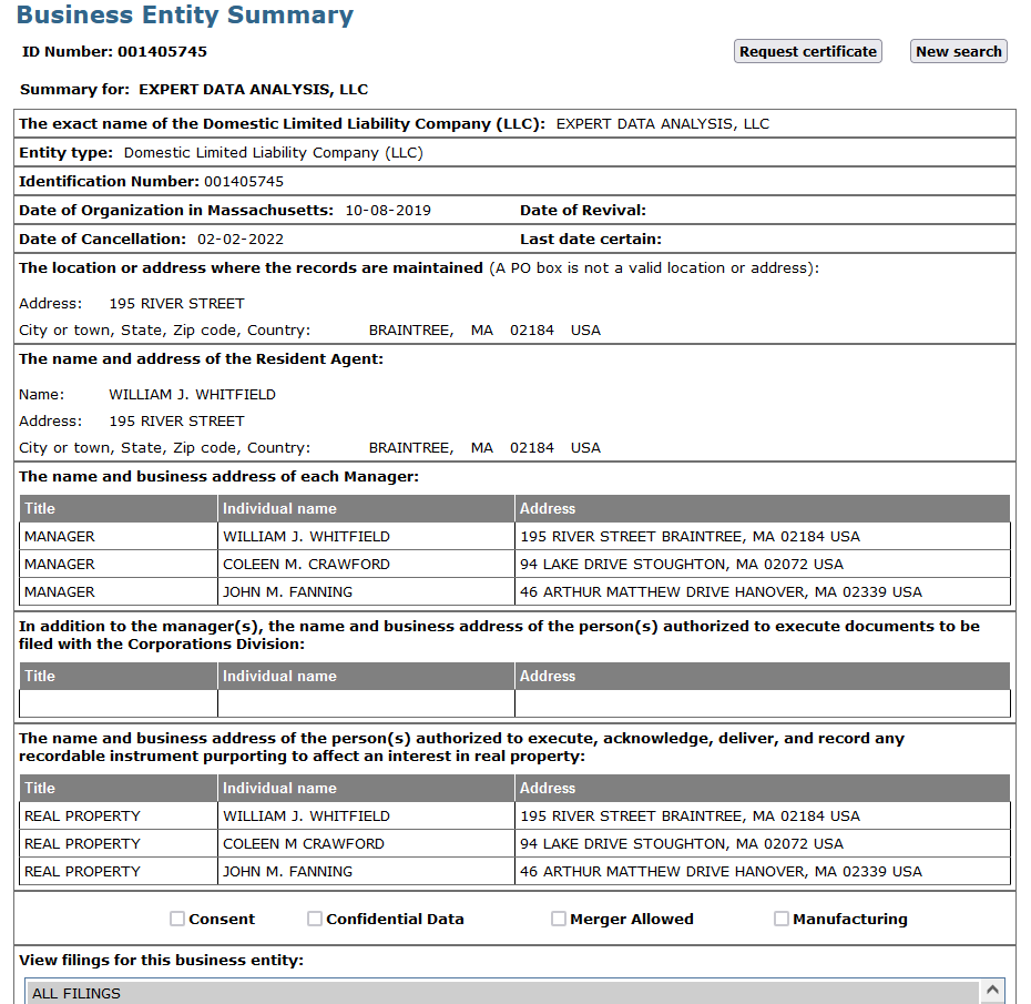 nashua1433's tweet photo. NCDAO state employees under Micheal Morrissey, John Fanning &amp; Coleen Crawford were Expert Data Analyisis LLC bussiness partners for 4 years. They disolved the LLC on February 2, 2022 - the same day Karen Read was arrested &amp; arrained in Stoughton District Court. Coincidence? https://t.co/YrbGtph9MO