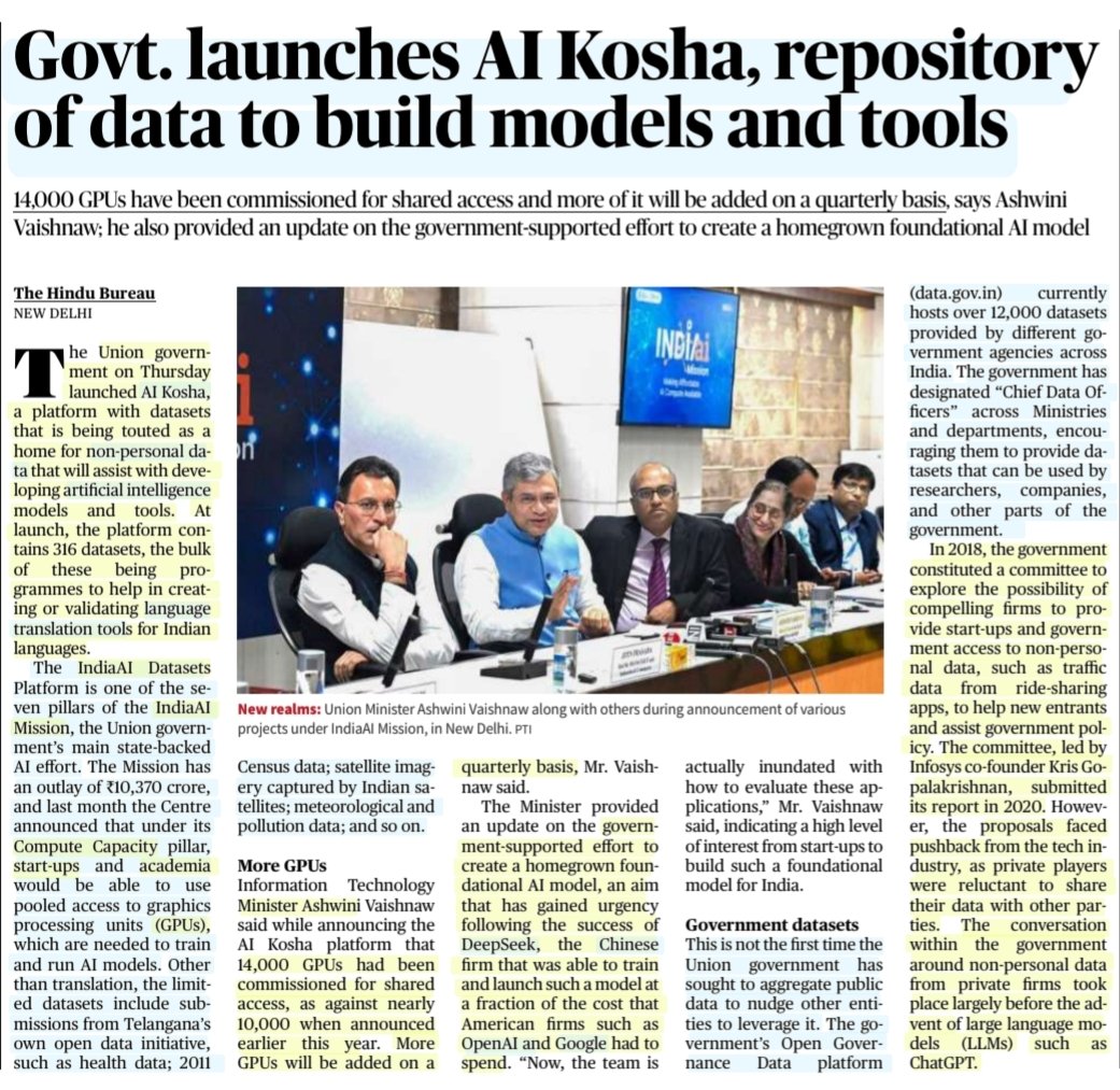imRavikantYadav's tweet photo. 'Govt. Launches AI Kosha, repository of data to build models and tools'
:Details
#AIKosha
#IndiaAImission #IndiaAI #Datasets
#artificalintelligence
#NonPersonalData
#ComputeCapacity #startup #academia
#Indigenous #AIModel
#GPUs
#DeepSeek #ChatGPT
#LLMs
#UPSC
Source:TH https://t.co/kzZkpnUYWO