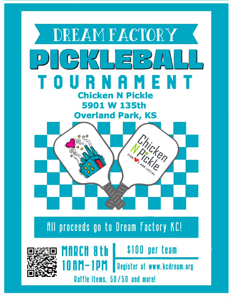 🎾  Whether you're playing or cheering,  join us tomorrow at 10 a.m. at Chicken N Pickle Overland Park for the Pickleball Tournament benefitting Dream Factory and BMA Foundation. We'll have raffle items, a 50/50 draw, and more! 🎉#Pickleball #BMAFoundation #ChickenNPickle
