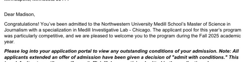 Excited to announce I got accepted to Medill’s graduate program!!!! Go wildcats💜 <a href="/MedillSchool/">Northwestern Medill</a> <a href="/NorthwesternU/">Northwestern</a>