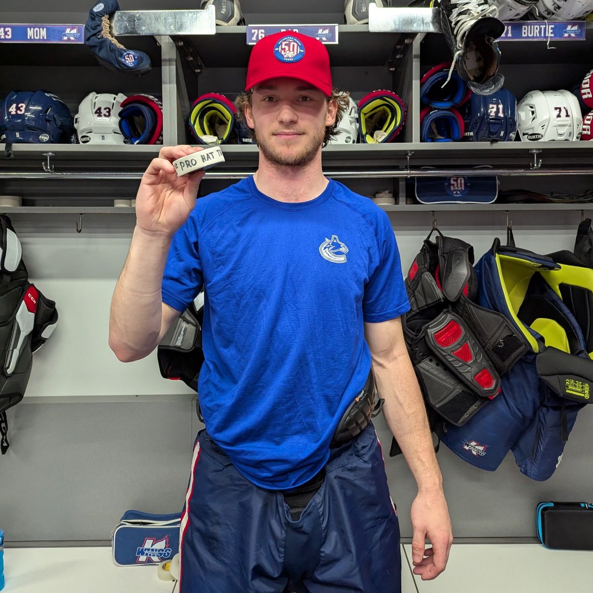 KalamazooWings's tweet photo. Hang on to that one, Bloomer!

Congrats on your first pro hat trick! @Canucks 
#Our50th https://t.co/aJgHvdomqR