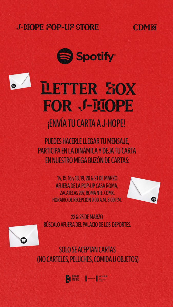 hybe_latam's tweet image. Envía tu carta a j-hope y hazle llegar tu mensaje en Spotify’s Letter Box for j-hope.
                                            
#HOS_POPUP_CDMX #jhope