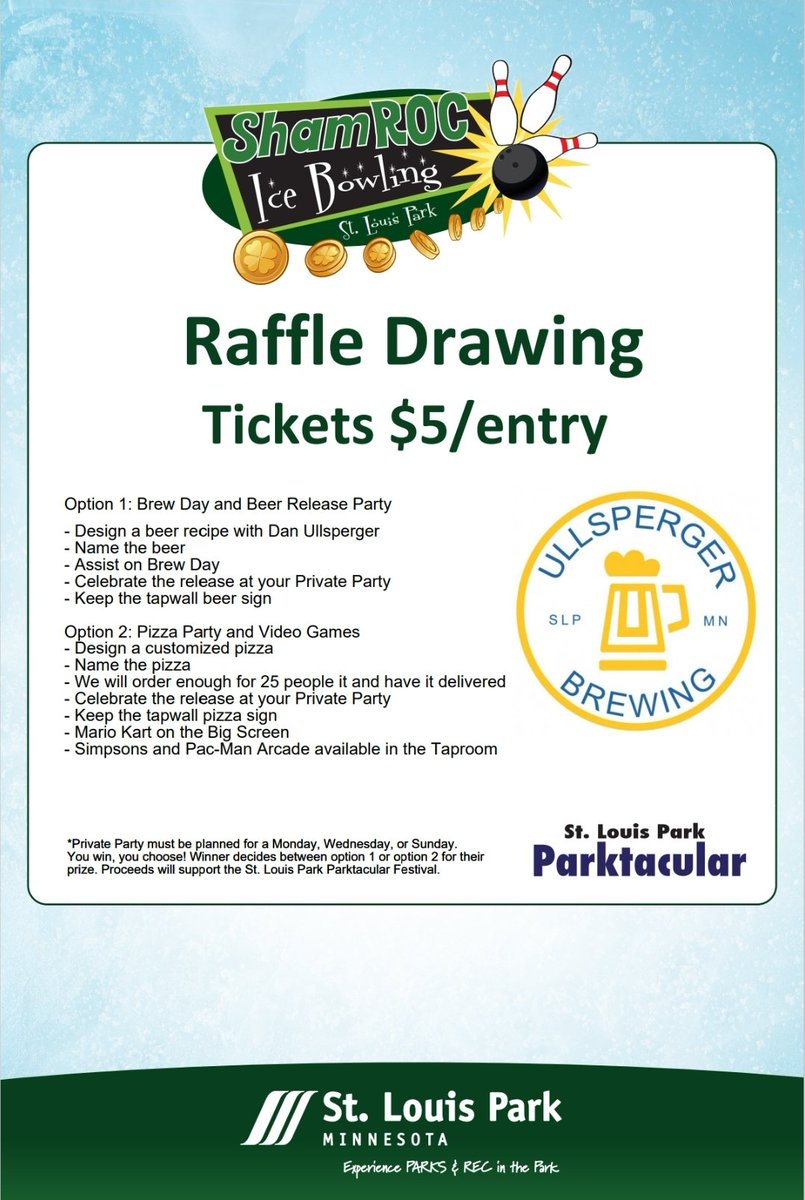 Feeling lucky? 🍀 Look for us at the <a href="/stlouispark/">St. Louis Park, MN</a> ShamROC Ice Bowling event on Saturday, March 15, from 1 to 5 p.m. at the ROC in SLP. Enter a raffle drawing for the chance to win your choice between two great prize options from <a href="/UllspergerBrew/">Ullsperger Brewing</a>. Details:
