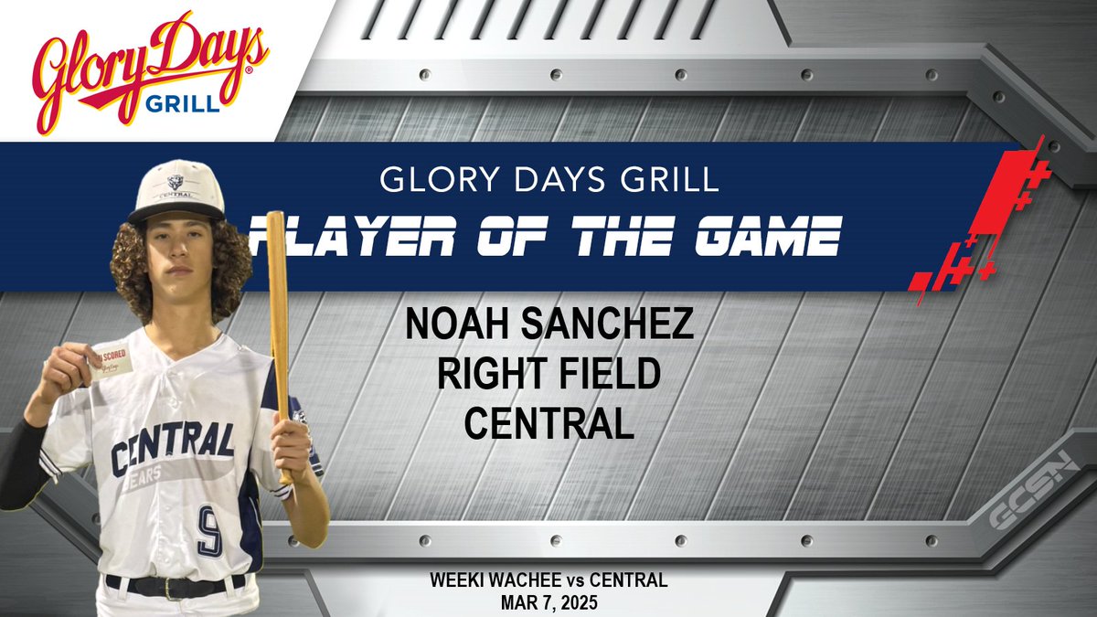 GulfCoastSportsNetwork (@gcsnbroadcasts) on Twitter photo Gulf Coast Sports Network would like to congratulate Noah Sanchez for being named the Glory Days Player of the Game on our Mar 7, 2025 broadcast! Full replay on our YT channel! <a href="/CHSBaseballBear/">Central High Bears Baseball</a> <a href="/CHS_BearsAD/">CHS Athletics</a> <a href="/HernandoCo_Ath/">Hernando School District Athletics</a> <a href="/Andy_Villamarzo/">Andy Villamarzo</a> #baseball #hsbaseball Gulf Coast Sports Network would like to congratulate Noah Sanchez for being named the Glory Days Player of the Game on our Mar 7, 2025 broadcast! Full replay on our YT channel! <a href="/CHSBaseballBear/">Central High Bears Baseball</a> <a href="/CHS_BearsAD/">CHS Athletics</a> <a href="/HernandoCo_Ath/">Hernando School District Athletics</a> <a href="/Andy_Villamarzo/">Andy Villamarzo</a> #baseball #hsbaseball