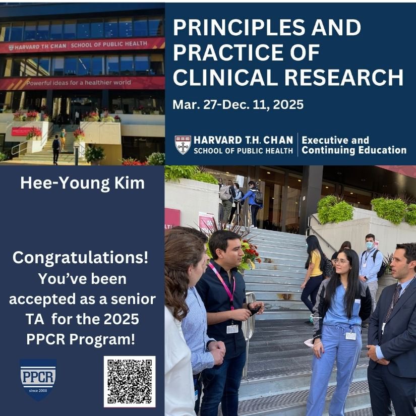 Hee_YoungKim's tweet photo. Thrilled to announce I’ve been accepted as a Senior TA for the 2025 PPCR program at Harvard T.H. Chan School of Public Health! Honored to contribute to clinical research education. Grateful for this opportunity! #HarvardTHChan #PPCR2025 #ClinicalResearch #PublicHealth https://t.co/NvQpAQbMAH