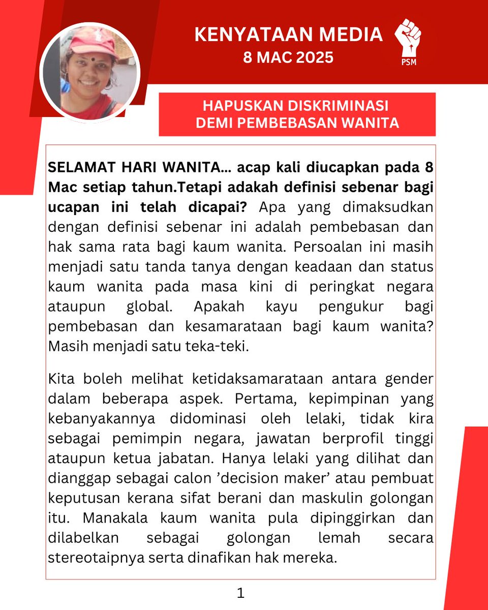 partisosialis's tweet photo. SELAMAT HARI WANITA… acap kali diucapkan pada 8 Mac setiap tahun.Tetapi adakah definisi sebenar bagi ucapan ini telah dicapai? 

-- Danaletchumi, Setiausaha PSM Perak

Bacaan penuh di sini:
https://t.co/iMRd9B8cO6

#HariWanitaSedunia #IWD2025 #WomensDay https://t.co/Z2imSfXPkz