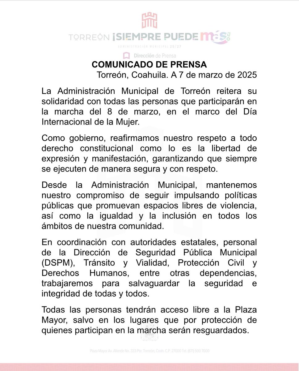 🔥Gracias al trabajo colectivo y presión, el Ayuntamiento acatará una de las medidas cautelares de la Comisión Estatal de Derechos Humanos

#torreónsiemprepuede #torreónchido #torreóncoahuila #torreónsiemprepuede #feminismo #marcha8m #8m #TorreónSiemprePuedeMás #CoahuilaPaDelante