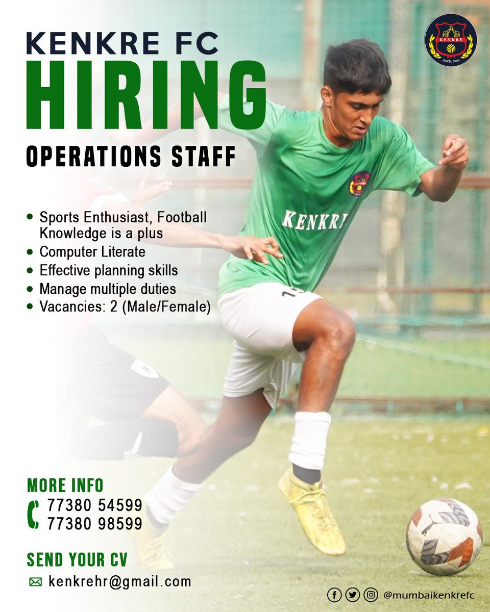 WE ARE HIRING

#mumbaikenkrefc #mumbaifootball #employment #jobs #hiring #jobsearch #recruitment #career #recruiting #nowhiring #resume #jobhunt #jobseekers #hr #jobopening #hiringnow #interview #recruiter #jobsearching #vacancy #education #jobopportunity #employmentopportunities