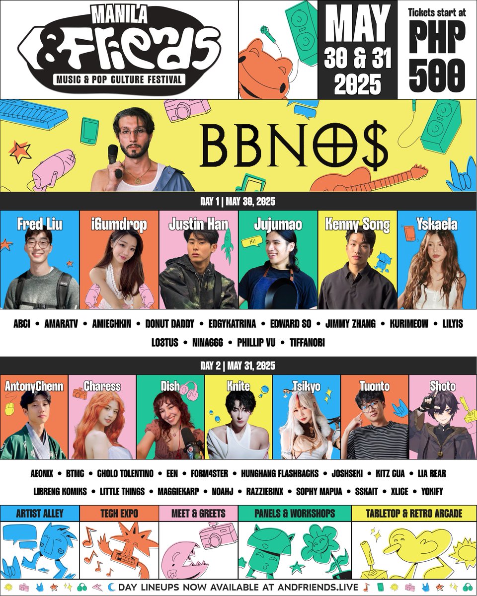 andfriendsfest's tweet photo. From artists to streamers to chefs to cosplayers, there's something for everyone at the #AndFriends2025 expo 🤙

📸 Live panels and meet n' greets with your favorite creators
🎨 80+ curated artists and merchants
⚙️  Try out the latest games and gear
🎮 Retro arcade and board games 
🍱 Curated food and drink vendors

Expo only tickets on sale NOW starting at PHP500. All music passes include access to expo. Meet n' greet information and tickets live on 3/10.