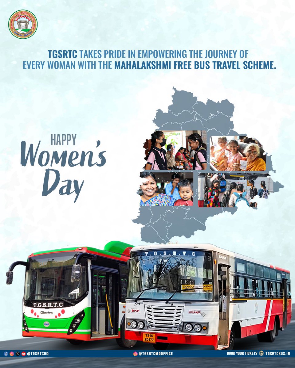 TGSRTC (@tgsrtchq) on Twitter photo #TGSRTC is proud to support women across Telangana with the Mahalakshmi Free Bus Travel Scheme. This Women’s Day, we celebrate the strength, resilience, and dreams of every woman!
<a href="/revanth_anumula/">Revanth Reddy</a> <a href="/Ponnam_INC/">Ponnam Prabhakar</a> <a href="/TelanganaCMO/">Telangana CMO</a> <a href="/SajjanarVC/">V.C. Sajjanar, IPS</a> @CTM_MKTG_TGSRTC
#HappyWomensDay #TGSRTC is proud to support women across Telangana with the Mahalakshmi Free Bus Travel Scheme. This Women’s Day, we celebrate the strength, resilience, and dreams of every woman!
<a href="/revanth_anumula/">Revanth Reddy</a> <a href="/Ponnam_INC/">Ponnam Prabhakar</a> <a href="/TelanganaCMO/">Telangana CMO</a> <a href="/SajjanarVC/">V.C. Sajjanar, IPS</a> @CTM_MKTG_TGSRTC
#HappyWomensDay