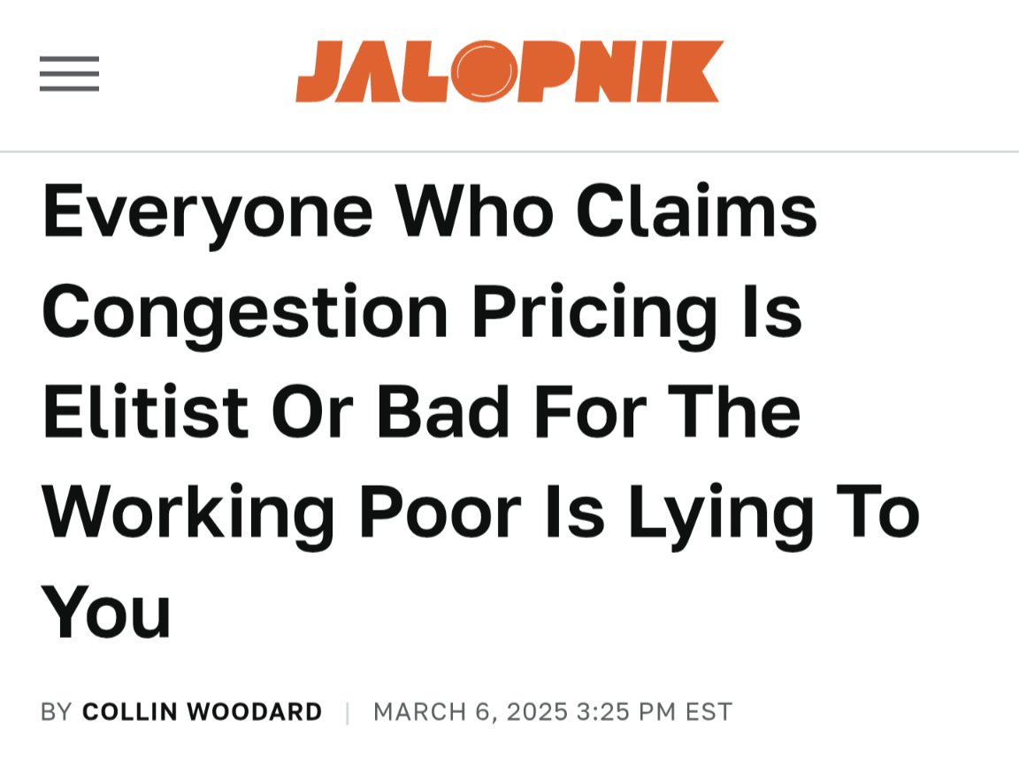 "If low-income workers could live without a car, that would put a whole lot of money back in their pockets, and that's exactly what congestion pricing does." <a href="/Jalopnik/">Jalopnik</a> 

🎯