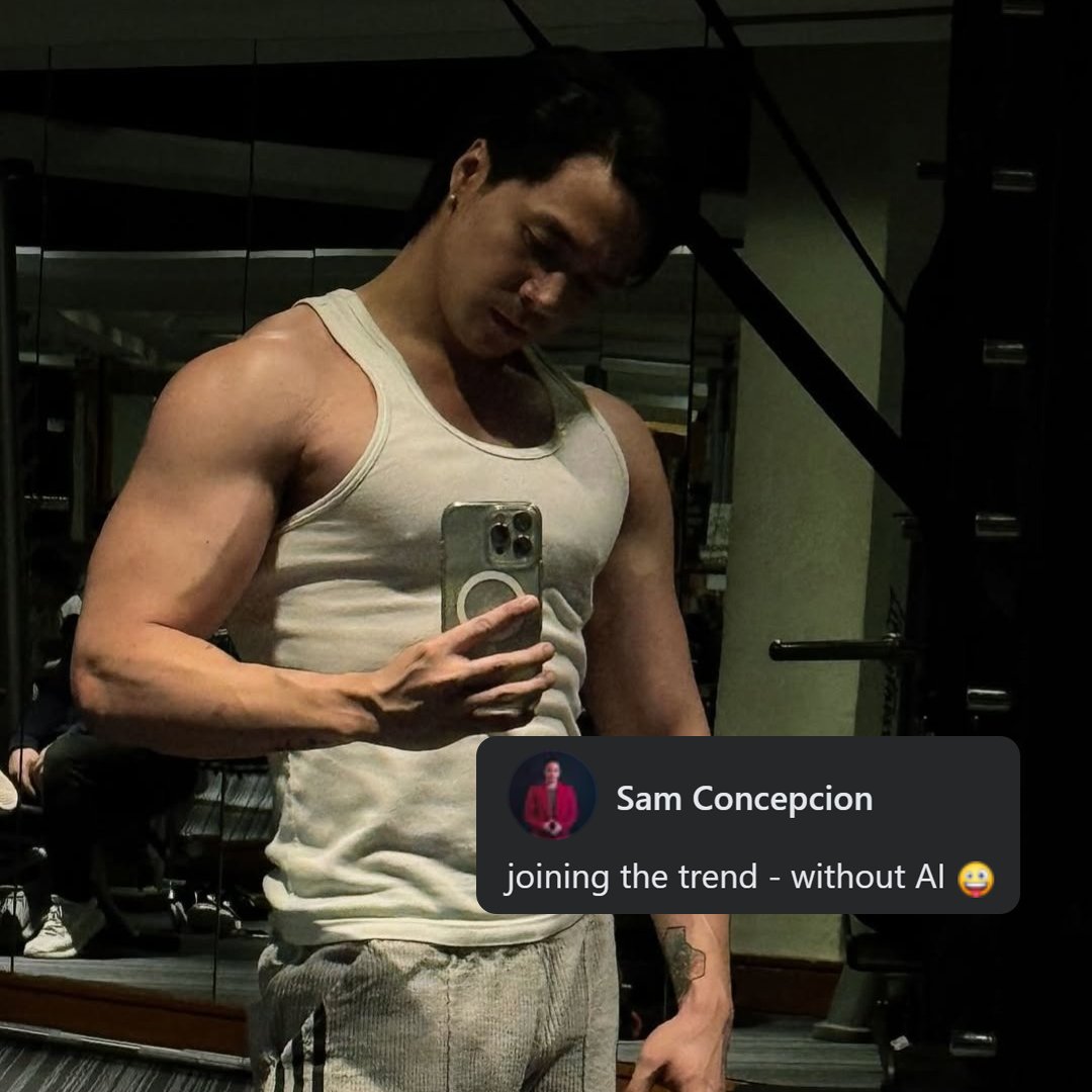 News5PH's tweet photo. 'DADARADA-DADDYYY' 🎶
Achieve ng singer-actor na si #SamConception ang fit gym body photo in white sando nang hindi na gumagamit ng AI. #News5 https://t.co/fUz284uyGO