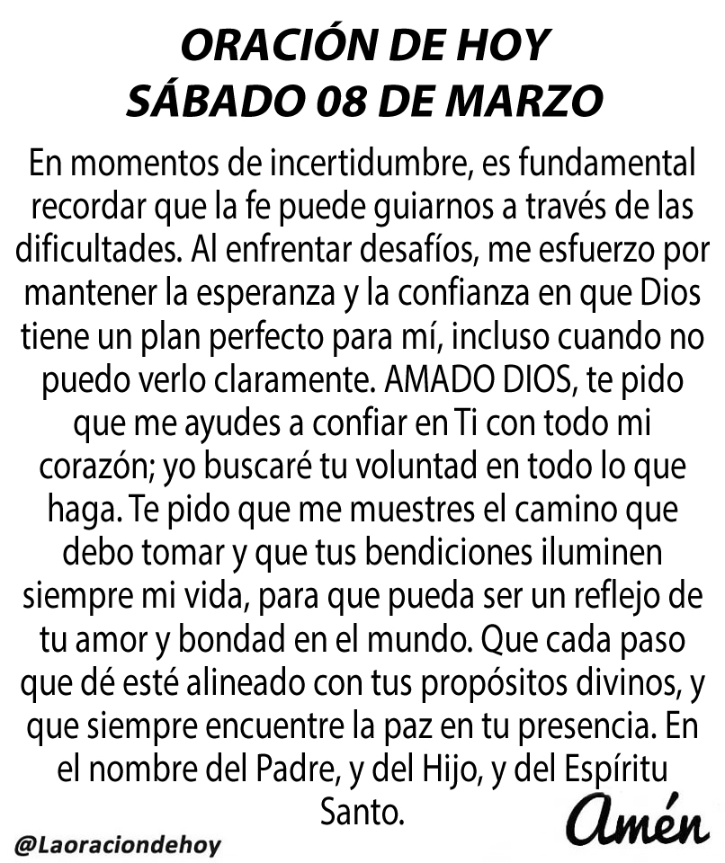 Oración diaria para hoy sábado 08 de marzo de 2025.