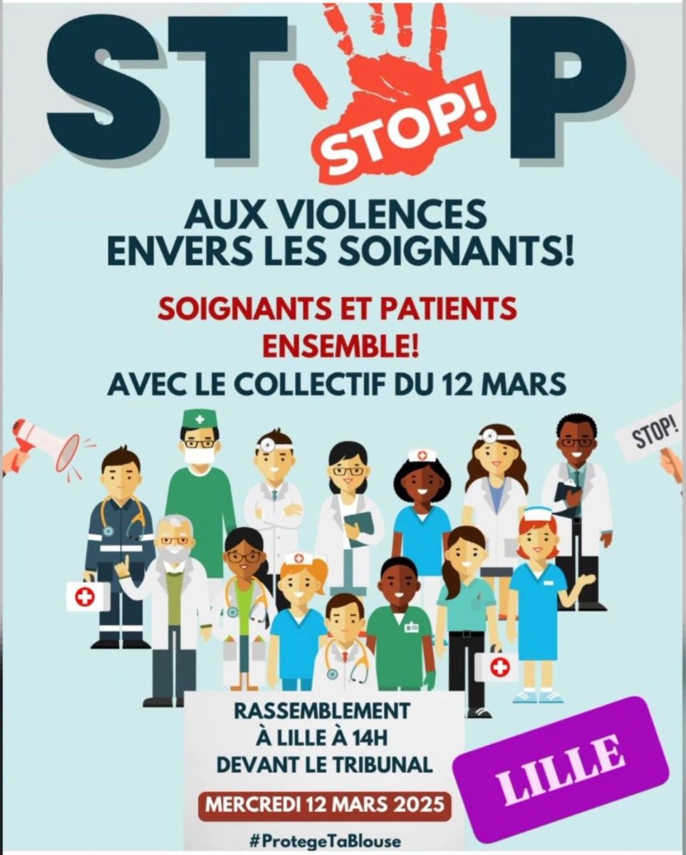⚠️ Trop, c’est trop ! ⚠️
Soignants agressés, patients en danger : la violence n’a pas sa place dans nos hôpitaux, nos pharmacies et nos cabinets !
Le 12 mars, rassemblons-nous à Paris, Lille et Marseille pour dire STOP à la violence envers les #soignants.
📢 Soignants, patients,