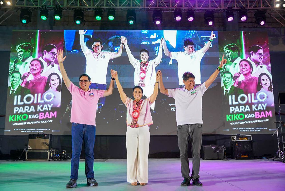 inquirerdotnet's tweet photo. 'LABAN ULIT PARA SA BAYAN' 🩷

LOOK: Former Vice President Leni Robredo shows her support for senatorial candidates Kiko Pangilinan and Bam Aquino during the Kiko-Bam 2025 People’s Campaign Rally in Iloilo City on Thursday, March 6. #VotePH2025

| 📷: Team Bam Aquino Media, Team Kiko, and Arnold Almacen, Robredo

Follow https://t.co/E0yNJSWpUY's election coverage at https://t.co/HUdsxwsVyw