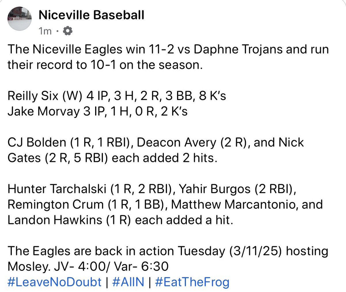 Eagles Varsity Baseball runs their record to 10-1 after an 11-2 win over Daphne Trojans!!