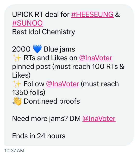 vibeswithenha's tweet image. UPICK RT deal for #HEESEUNG &amp;amp; #SUNOO  
Best Idol Chemistry

2000 💙 Blue jams
✨ RTs and Likes on @InaVoter pinned post (must reach 100 RTs &amp;amp; Likes)
✨ Follow @InaVoter (must reach 1350 folls)
👋 Dont need proofs

Need more jams? DM @InaVoter

Ends in 24 hours