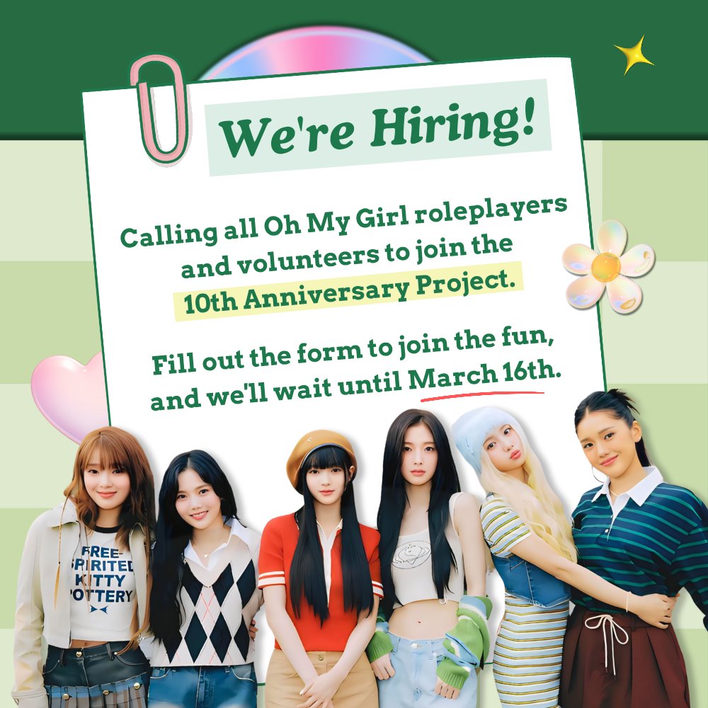 ㅤ
A repost is greatly appreciated! We're looking for OH MY GIRL members and volunteers to create something special for their 10th anniversary. No specific requirements—just love and commitment. Please fill out the form if you'd love to join us ♡

📝 bit.ly/omg10anniversa…
ㅤ