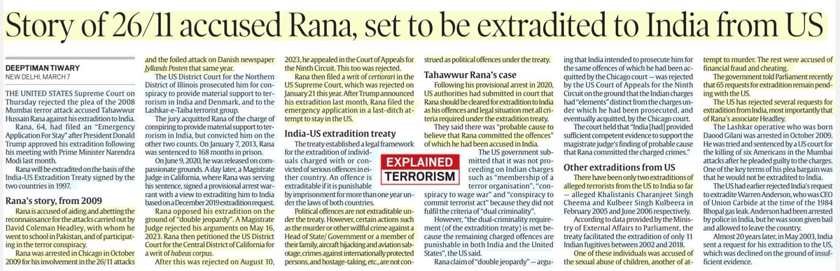 imRavikantYadav's tweet image. &apos;Story of 26/11 accused Rana, set to be extradited to india from US&apos;

:Details by Sh Deeptiman Tiwary
@DeeptimanTY 

#TahawwurRana #Mumbaiattacks #Extradition 
#India #USA #ExtraditionTreaty #SCOTUS 
#DoubleJeopardy 
#MumbaiAttack 
#Law 

#UPSC 

Source: IE