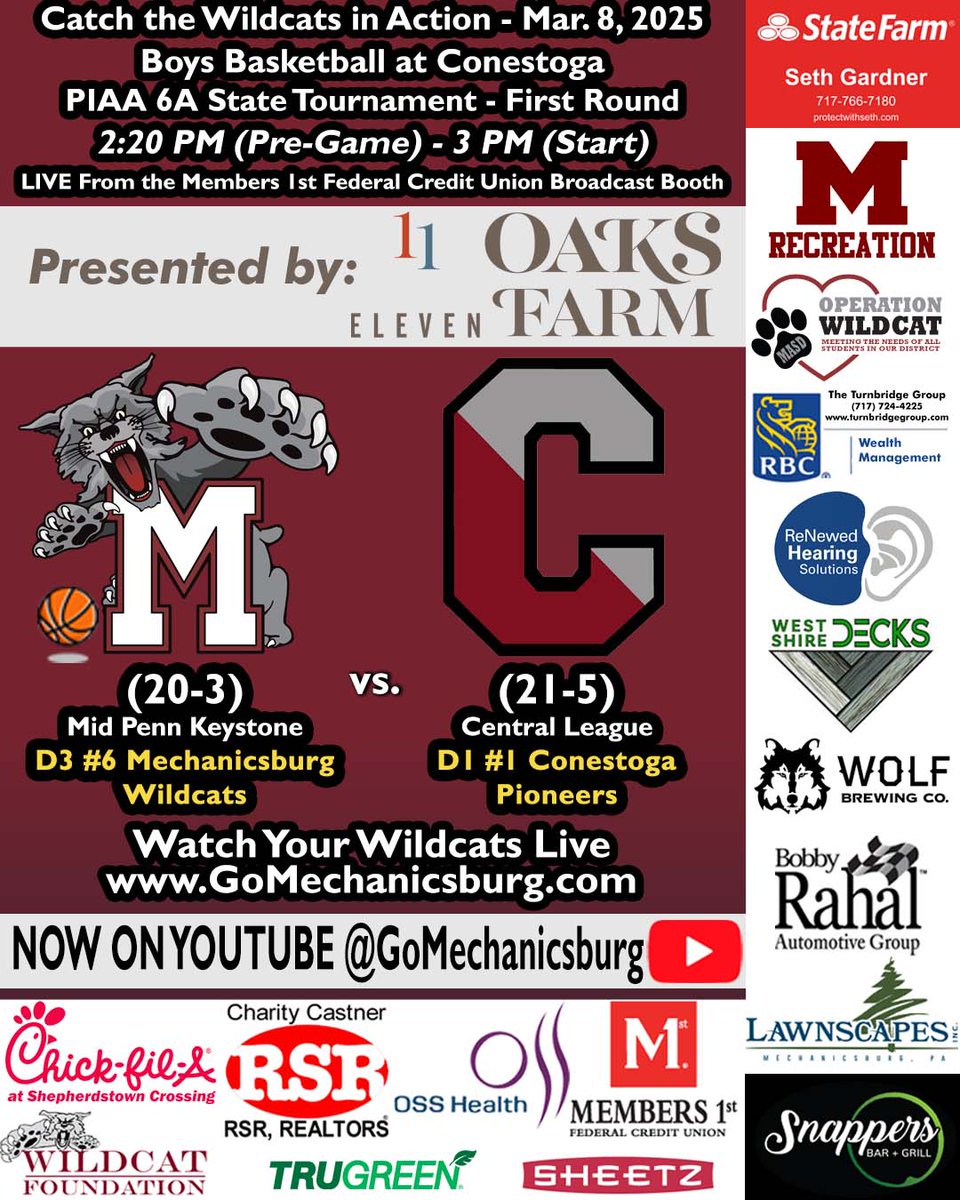 It's showdown Saturday for the <a href="/GoMechanicsburg/">Wildcat Athletics</a> boys basketball team.  They're on the road for states at Conestoga HS in Berwyn, PA.  <a href="/FromAthletics/">Ben Schad</a> has the visuals and sound starting at 220p as he talks with <a href="/gaffeymike1/">Mike Gaffey</a>.  Tip at 3p.  <a href="/mashhoops/">Mechanicsburg Basketball Booster Club</a> youtube.com/watch?v=va_RGK…