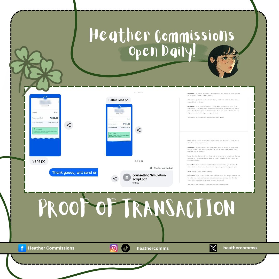 ── .✦ 𝖲𝖾𝖼𝗎𝗋𝖾𝖽 𝖼𝗈𝗆𝗆𝗂𝗌𝗌𝗂𝗈𝗇𝗌
જ⁀➴ #commissionerheather_proofs

Yay! We’ve secured and completed a Counselling Simulation Script for a new client worth Php 350. 

.𖥔 ݁ ˖ I am always open for 𝙤𝙥𝙚𝙣 𝙛𝙤𝙧 𝙧𝙪𝙨𝙝 &amp; 𝙣𝙤𝙣-𝙧𝙪𝙨𝙝 𝙘𝙤𝙢𝙢𝙞𝙨𝙨𝙞𝙤𝙣𝙨.