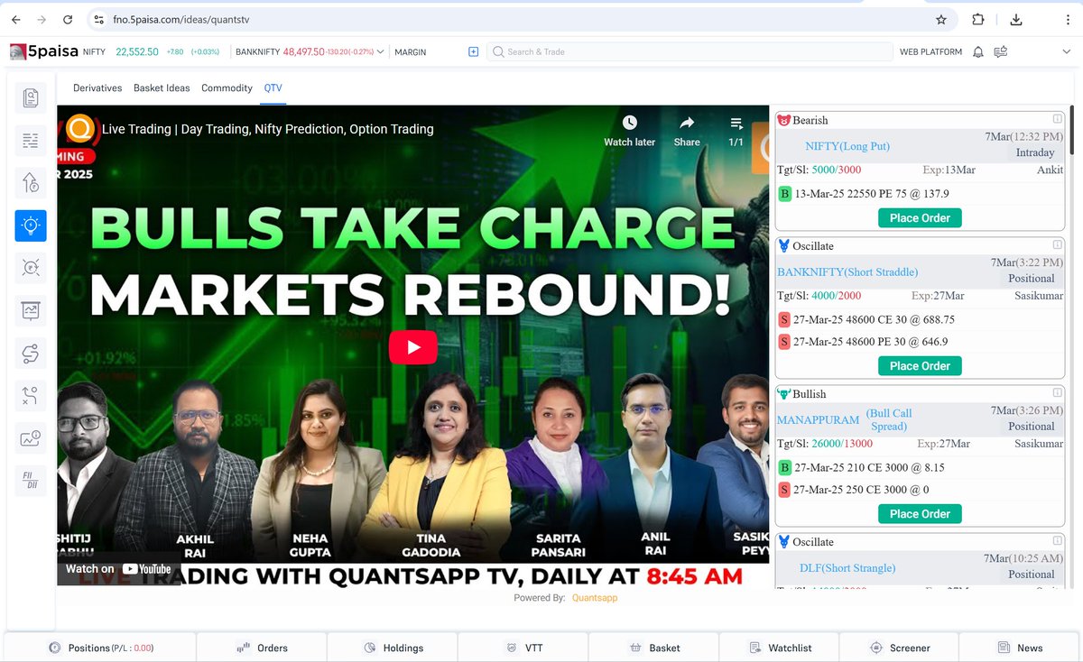 ⚡️ #QuantsappTv now Live with <a href="/5paisa/">5paisa</a> 
QTv delivers live digital content which focuses on quality Futures &amp; Options research, backed with strong data analysis, conducted Live with SEBI registered RAs. Now you can place your trades natively in your 5paisa account.
Check it out at: