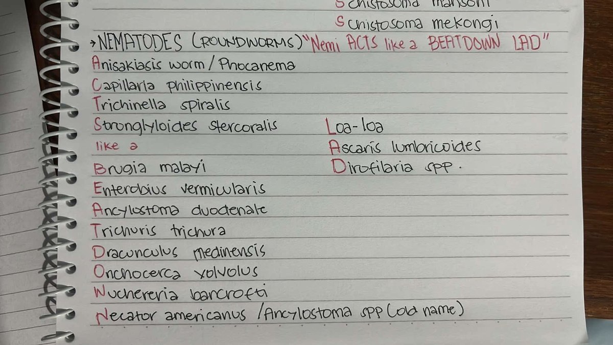 denkwer's tweet photo. @brexpharmacy For module 6 (Microbio) hahaha sorry parang tinamad na ata akong gawan ng table to. Dito, yung usual lang na lumalabas sa boards sinali ko, idk kung meron pang iba na di ko nasali.

Mnemonics Nematodes: “Nemi (Nematode) ACTS like a BEATDOWN LAD” https://t.co/zeAWgBy1Km